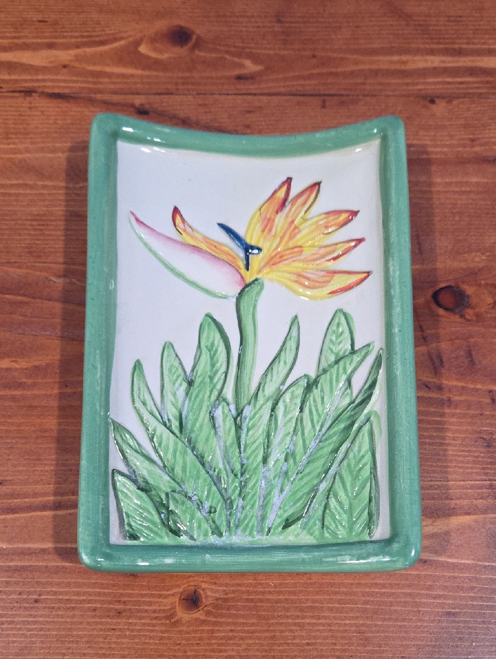 Decorative Green Hand-Painted Ceramic Tray with Tropical Flower